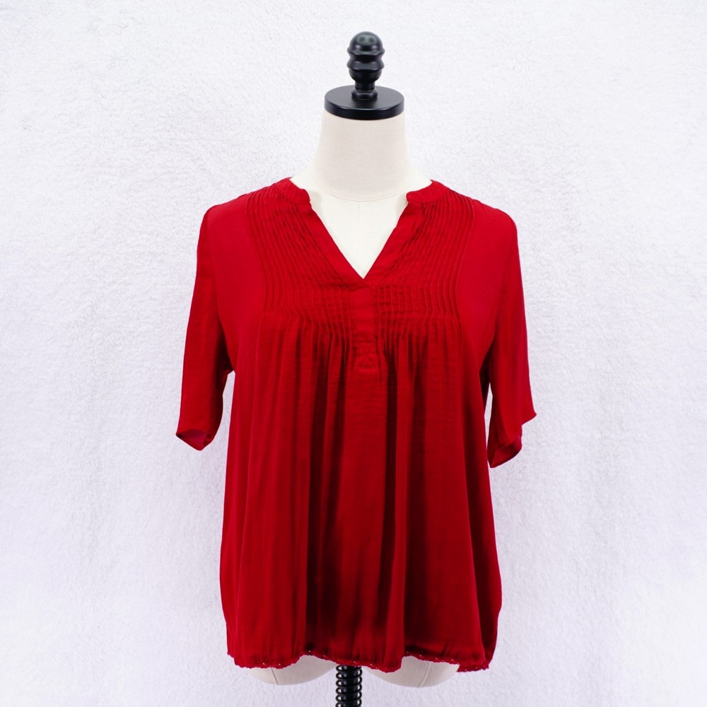 A.n.a. -XS- Red Ruffled Top Polyester‎ Split Neck Short Sleeve